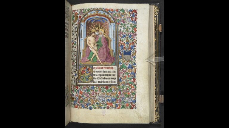 Antoine de Lonhy, La Trinità 1465-1470 ca Tempera e oro su pergamena, miniatura dal manoscritto delle “Ore di Saluzzo” Londra, The British Library, ms. Add. 27697, f. 75r