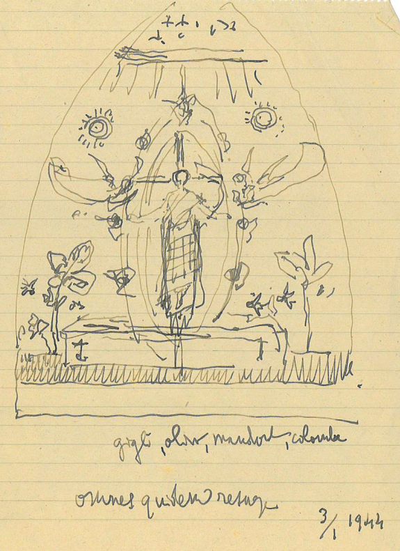 Biagio Biagetti, schizzo per il Sacro Cuore, disegno a penna su carta, 1944