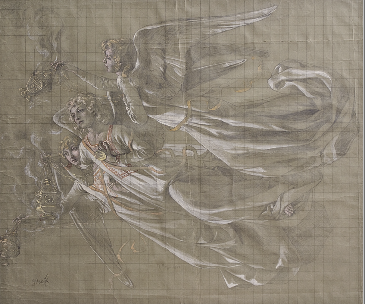 Angeli in volo. Disegno su carta. Collezione privata